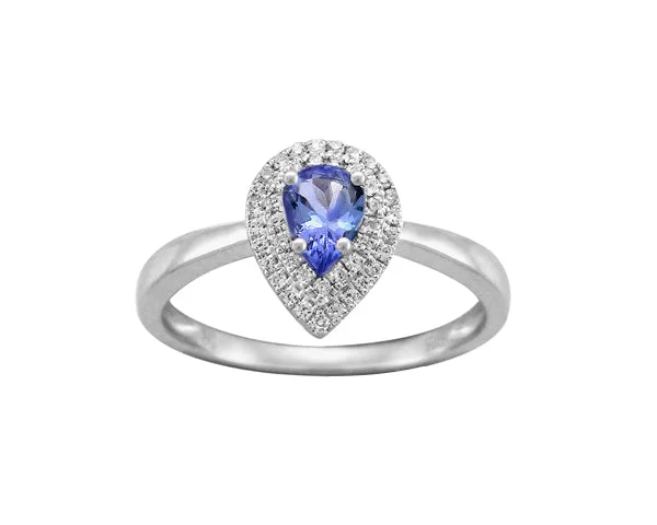 Women’s antique-style ring-10kt White Gold Pear Cut Tanzanite and Diamond Halo Ring