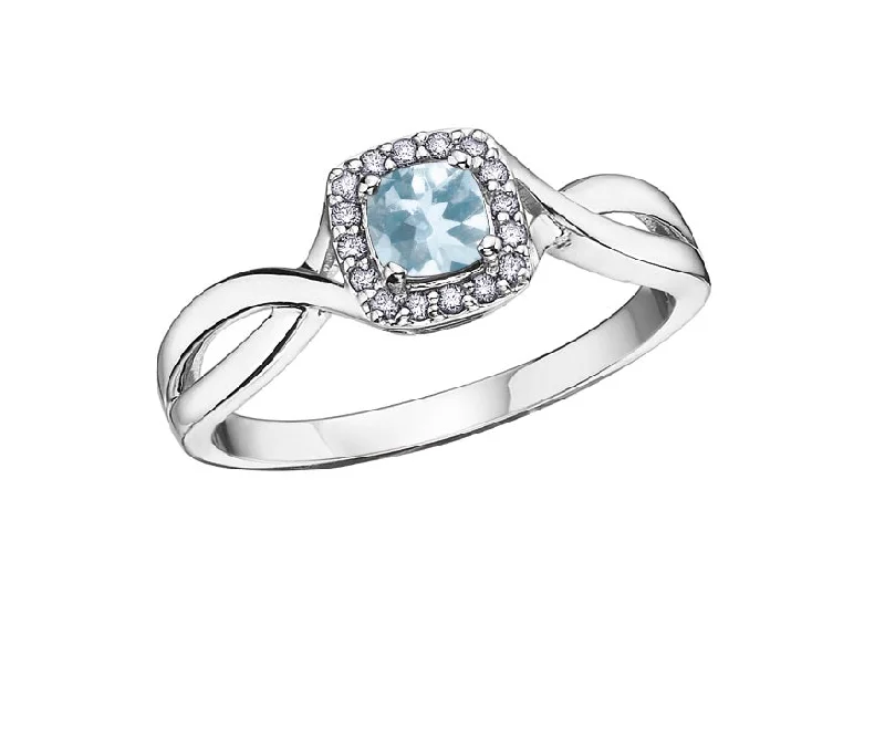 Women’s luxury wedding band-10kt White Gold Aquamarine and Diamond Halo Ring