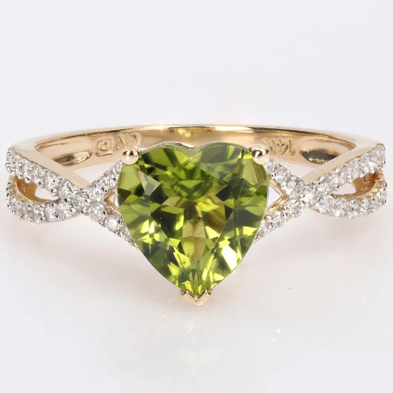 Women’s gemstone solitaire ring-Miadora Heart-cut Peridot and 1/5ct TDW Diamond Crossover Ring in 14k Yellow Gold