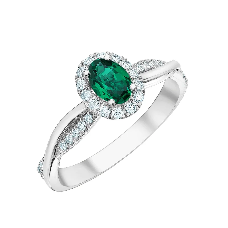 Women’s vintage engagement ring-14kt White Gold Oval Lab-Grown Emerald And Diamond Ring