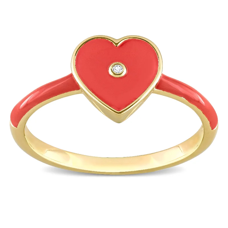 Women’s antique-style ring-Miadora Created White Sapphire Heart Enamel Ring in Yellow Plated Sterling Silver